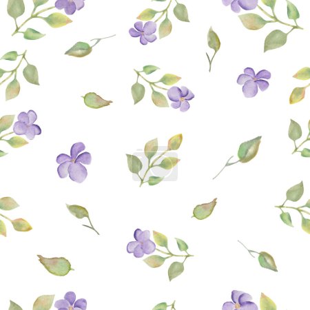 Illustration for Watercolor gentle floral seamless pattern with violets, leaves. Hand drawn flowers illustration isolated on white background. For packaging, wallpaper, wrapping design or print. Vector EPS. - Royalty Free Image