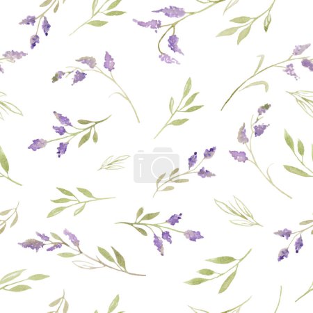 Illustration for Watercolor gentle seamless pattern with abstract small purple flowers, leaves. Hand drawn floral illustration isolated on white background. For packaging, wrapping design or print. Vector EPS. - Royalty Free Image