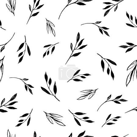 Watercolor seamless pattern with abstract black branches, leaves. Hand drawn floral illustration isolated on white background. For packaging, wrapping design or print. Vector EPS.