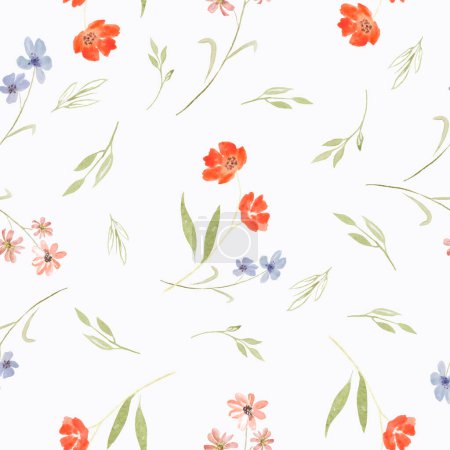 Illustration for Watercolor seamless pattern with abstract different flowers, green leaves, branches. Hand drawn floral illustration isolated on light background. For packaging, wrapping design or print. Vector EPS. - Royalty Free Image