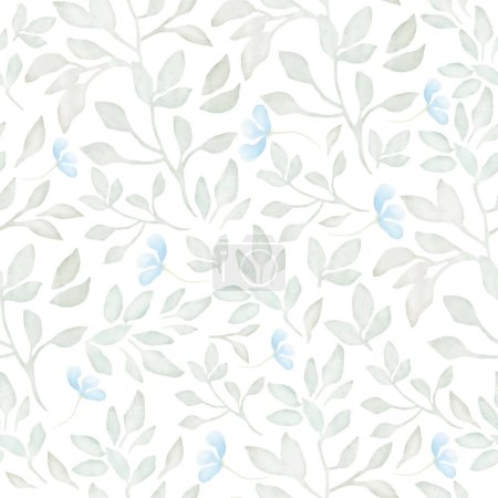  Watercolor gentle seamless pattern with abstract blue, flowers, leaves, branches. Hand drawn floral illustration isolated on white background. For packaging, wrapping design or print. Vector EPS.