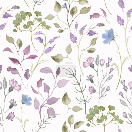 Watercolor seamless pattern with abstract blue flowers, leaves, branches, berries. Hand drawn floral illustration isolated on white background. For packaging, wrapping design or print. Vector EPS.