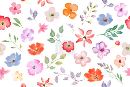 Illustration for Watercolor seamless pattern with abstract bright flowers, leaves. Hand drawn floral illustration isolated on white background. For packaging, wrapping design or print. Vector EPS. - Royalty Free Image