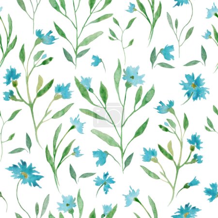 Patrón sin costura de acuarela con flores azules abstractas, hojas verdes, ramas. Ilustración floral dibujada a mano aislada sobre fondo blanco. Para embalaje, diseño de envoltorio o impresión.
