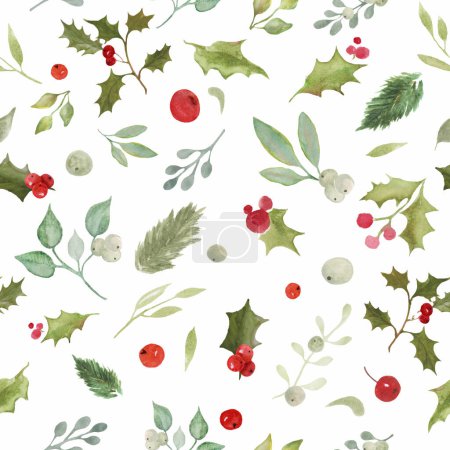  Watercolor floral Christmas seamless pattern with hand drawn watercolor holly branches, leaves and berries illustration. Repeat nature floral background for wrapping, packaging design or print.Vector EPS.
