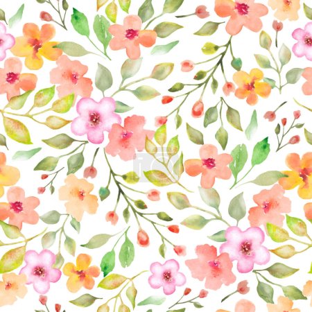 Watercolor seamless pattern with abstract flowers, leaves, branches. Hand drawn floral illustration isolated on white background. For packaging, textile, wrapping design or print. Vector EPS.