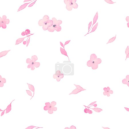 Ilustración de Watercolor seamless pattern with abstract spring pink flowers, green leaves. Hand drawn floral illustration isolated on white background. For packaging, wrapping design or print. Vector EPS. - Imagen libre de derechos