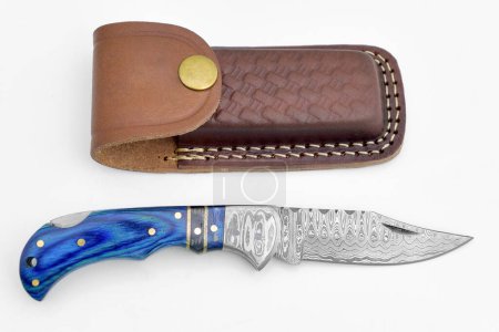 Photo for Damascus Pocket Knife for Men with Blue Handle Solid Steel Handmade Folding Hunting Knives with Sharpener and Leather Pouch - Best Knife for Camping Hunting Hiking - Royalty Free Image