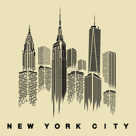 Ilustración de Ciudad moderna horizonte, silueta de la ciudad, ilustración vectorial en diseño plano, bandera lineal de la ciudad de Nueva York. Todos los edificios - diferentes objetos personalizables con relleno de fondo, - Imagen libre de derechos