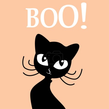 Photo for Black cat boo on white background. Isolated vector sign symbol. Cute vector illustration. Horror Halloween Cartoon banner with black cat boo on dark background for decoration design. - Royalty Free Image