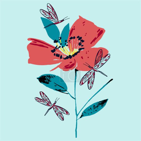 Photo for Fashion vector illustration with flowers and dragonfly - Royalty Free Image