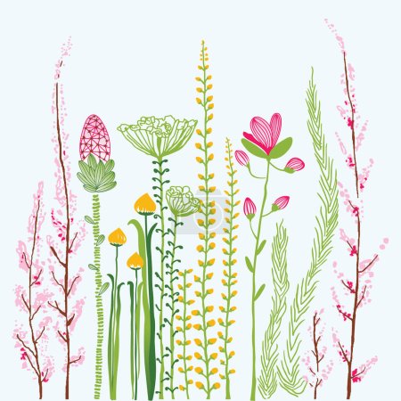 Photo for Floral seamless horizontal border with abstract yellow flowers, green leaves and plants, flying butterflies. Watercolor isolated pattern on white background, panoramic illustration summer meadow. - Royalty Free Image