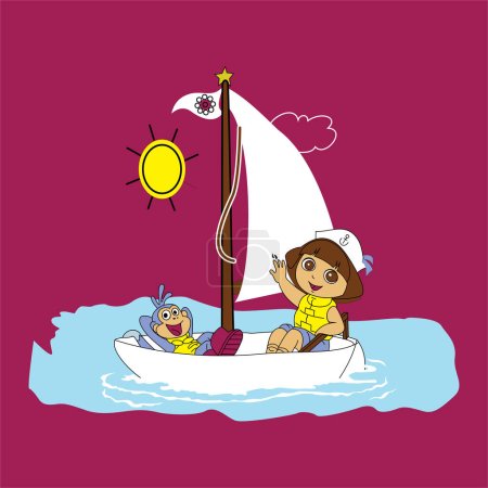 Photo for Girl cartoon with monkey character rowing the boat isolated illustration - Royalty Free Image