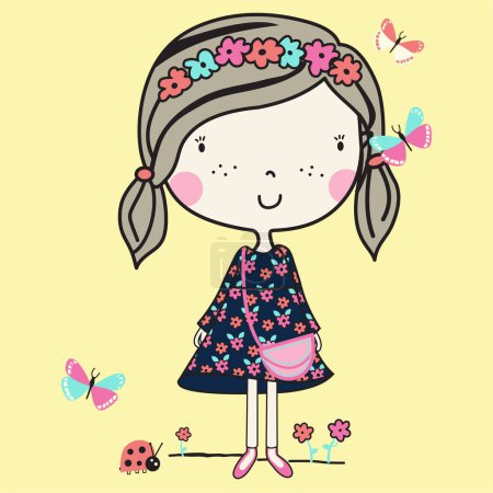 Photo for Cute girl with butterfly and bug graphic t shirt vector illustration design and other uses - Royalty Free Image