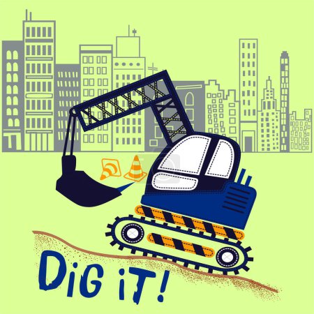 Photo for Excavator on construction site hand drawn flat illustration. Vector. - Royalty Free Image