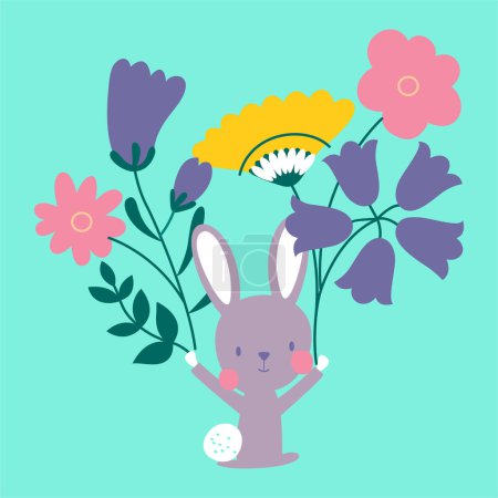 Photo for Flat Illustration Rabbit and flower bouquet balloon beautiful print for design - Royalty Free Image