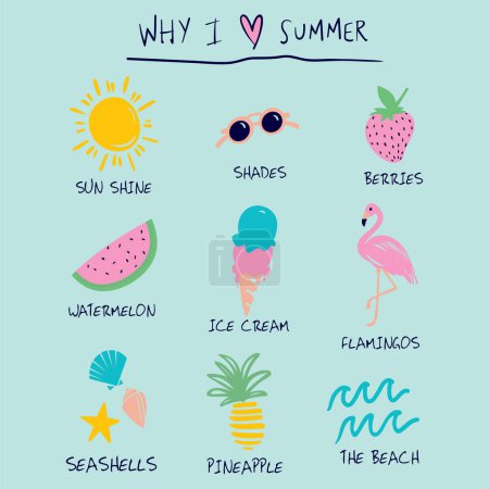 Photo for Summer love collection. Vector illustration of colorful funny doodle summer symbols with slogan, such as flamingo, ice cream, palm tree, sunglasses, cactus, surfboard, pineapple and watermelon. - Royalty Free Image