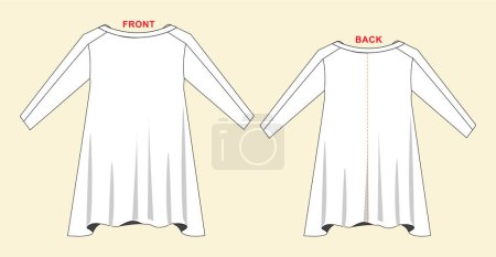 Illustration for Vector long sleeved T-Shirt fashion CAD, woman round neck t-shirt technical drawing, basic top template, sketch, mock up. Jersey or woven fabric top with front, back view, white color - Royalty Free Image