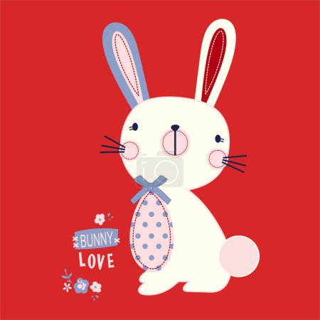 Photo for Hand Drawn Cute Bunny isolated on red background. Print design rabbit. Children Print on t-shirt. Vector - Royalty Free Image
