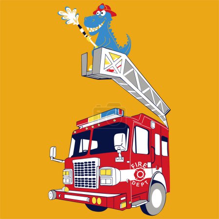 Photo for Dinosaur the fire fighter funny animal cartoon, vector illustration - Royalty Free Image
