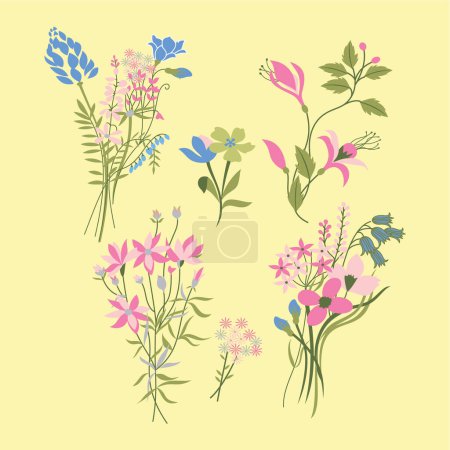 Ilustración de Collection of different medical herbs, wild flower or treatment plants in realistic, natural style. Botanical, decorative wildflowers. Flat vector hand drawn illustration isolated on white background - Imagen libre de derechos