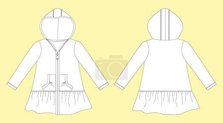 Téléchargez les illustrations : Women's ruffled Hooded Knit Sweater- Sweater technical fashion illustration. Flat apparel sweater template front and back, white color. Women's CAD mock-up. - en licence libre de droit