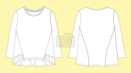 Ilustración de Long Sleeve Dress design technical fashion flat sketch vector illustration template for Baby girls. Cotton fabric clothing mock up front and back views isolated on white background. - Imagen libre de derechos