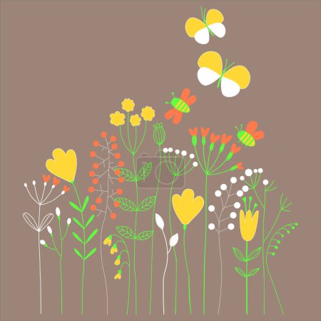 Composición decorativa flores silvestres y mariposas para imprimir camisetas y tarjetas 
