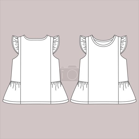 Illustration for Peplum Ruffle sleeve top Crew Neck gathering armhole ruffles sleeve detail t shirt blouse technical drawing template design vector - Royalty Free Image