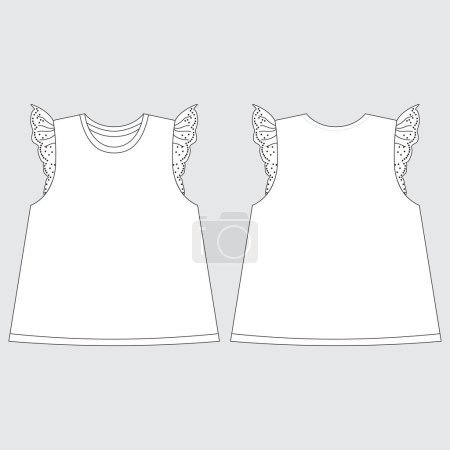 Baby girls dress design technical Flat sketch vector illustration template. Apparel clothing Mock up front and back views Isolated on Grey Background. 