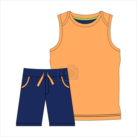 boys off sleeve t shirt and shorts resort wear set fashion flat sketch vector illustration. Easy editable drawing
