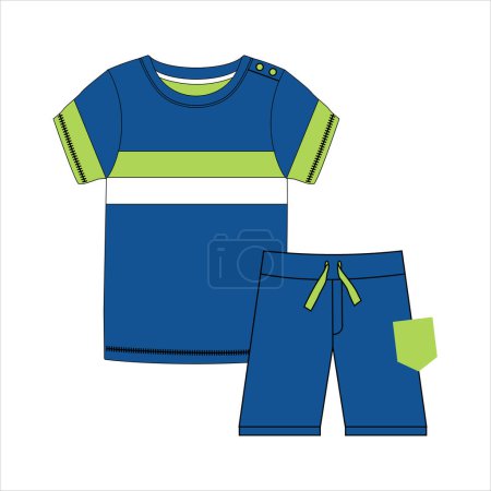Jungen Kurzarm-T-Shirt und Shorts Resort tragen Set Mode flache Skizze Vektor Illustration. Leicht editierbare Zeichnung