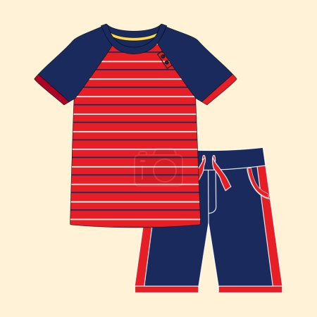 boys short sleeve t shirt and shorts resort wear set fashion flat sketch vector illustration. Easy editable drawing