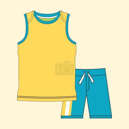boys off sleeve t shirt and shorts resort wear set fashion flat sketch vector illustration. Easy editable drawing