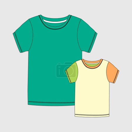Jungen und Herren Kurzarm Rundhalsausschnitt T-Shirt flache Skizze Vektor Illustration Vorder- und Rückseite technische Cad Zeichnungsvorlage.