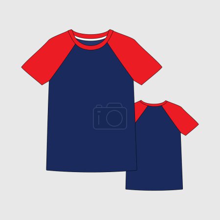 Boys and mens short sleeve crew neck t shirt flat sketch vector illustration front and back view technical cad drawing template.