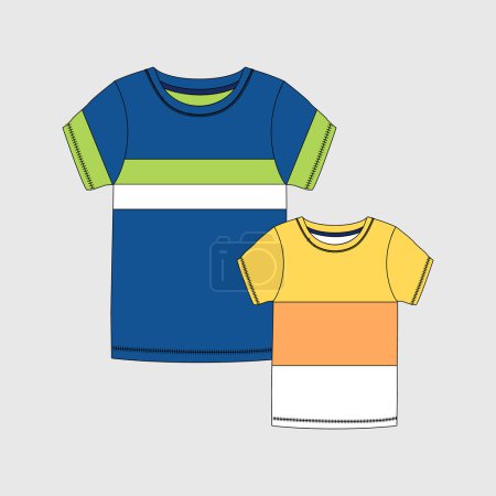T-shirt manches courtes homme et garçon à col rond illustration vectorielle croquis plat devant et derrière modèle de dessin de cad technique.