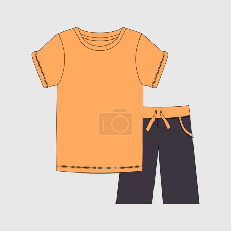 boys short sleeve t shirt and shorts resort wear set fashion flat sketch vector illustration. Easy editable drawing