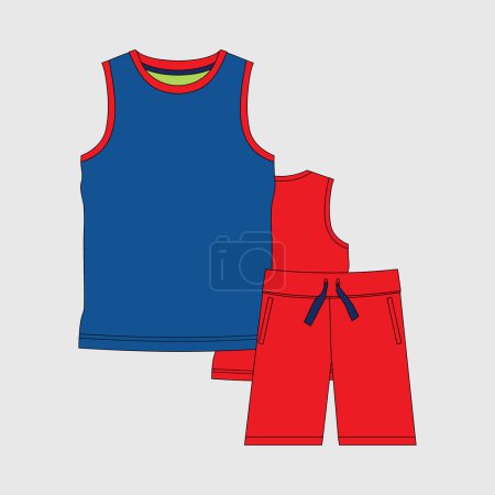 Jungen T-Shirt und Shorts Resort tragen Set Mode flache Skizze Vektor Illustration. Leicht editierbare Zeichnung