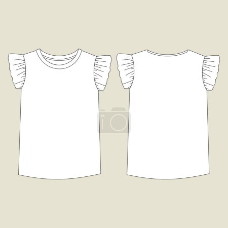 Photo for Baby Girls Frill sleeves Top fashion flat sketch template. Girls Kids Technical Fashion Illustration. Back Keyhole opening. Frill Tops - Royalty Free Image