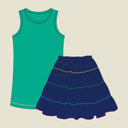 Illustration for KID GIRLS WEAR TOP AND SKIRT DRESS SET VECTOR. Easy editable template - Royalty Free Image