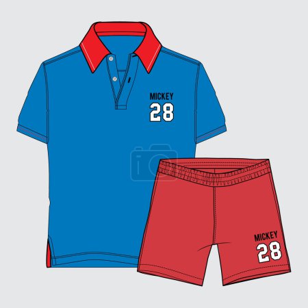 Polo and shorts color blocks red white blue combo set template mock-up vector file