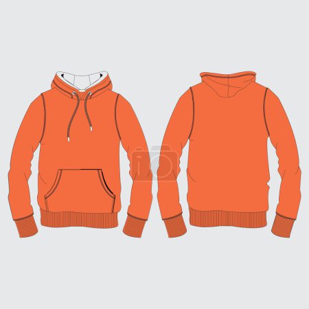 Men's Hoodie front and back part flat sketch technical drawing vector illustration template