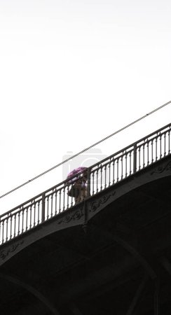 Téléchargez les photos : Femme d'âge moyen portant un parapluie le long de la plate-forme supérieure du pont en acier Don Luis I à Porto avec des détails sur sa structure métallique et les câbles à travers lesquels circule le métro de Porto. - en image libre de droit