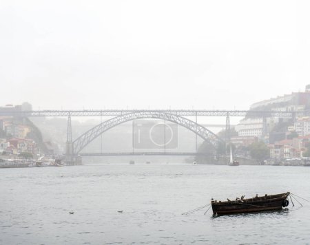 Kleines altes Holzboot, im Fluss am Douro angedockt, voll Möwen mit der Brücke Don Luis I im Hintergrund, die an einem nebligen Tag in Porto in Nebel gehüllt ist.