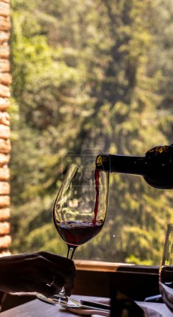 Bouteille de vin noir décantant et versant du vin rouge dans un verre tenu par la main d'une femme rétroéclairée par la lumière d'une journée ensoleillée passant par la fenêtre d'un restaurant rural avec la forêt derrière.