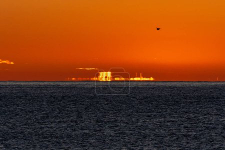 El sol del amanecer ilumina la línea del horizonte del mar Mediterráneo, creando espejismos e ilusiones ópticas que forman islas doradas de luz en el fondo. Gaviota volando sobre un cielo anaranjado y una ca
