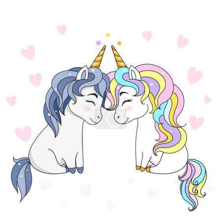 Illustration for Love. Valentines day. Cute greeting card with two unicorns in love - Royalty Free Image
