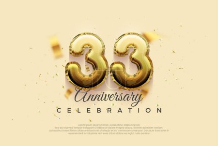 Foto de 33º aniversario de celebración, diseño de vectores con brillantes globos de oro ilustración. Fondo vectorial premium para saludo y celebración. - Imagen libre de derechos