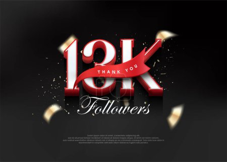 Illustration for Thank you 13k followers, with 3d numbers with red ribbon. - Royalty Free Image